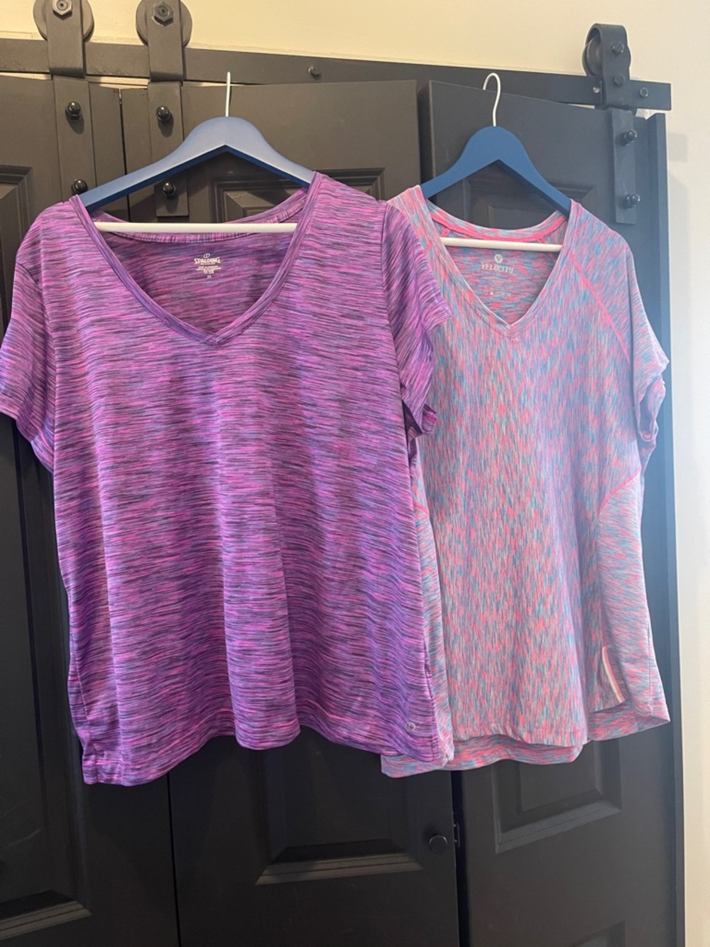 Spalding Purple and Pink Space-Dye V-Neck Short Sleeve Tee Duo & Velocity Tee.